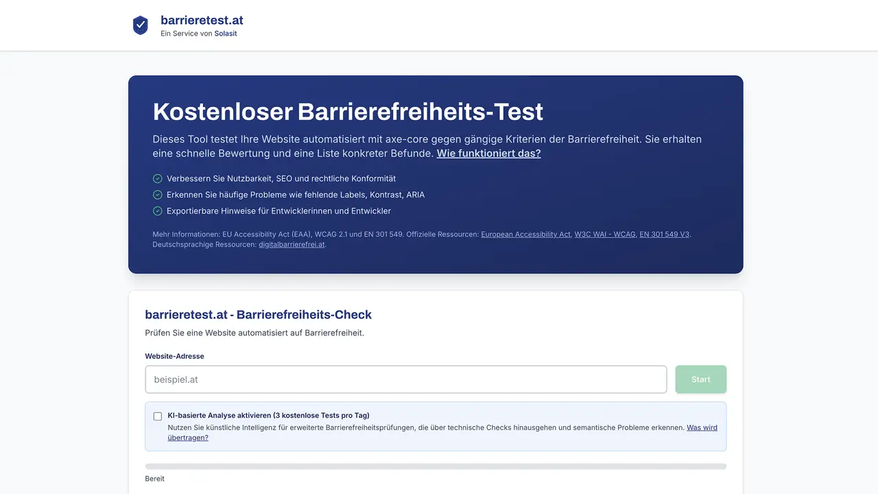 Screenshot of the barrieretest.at tool.