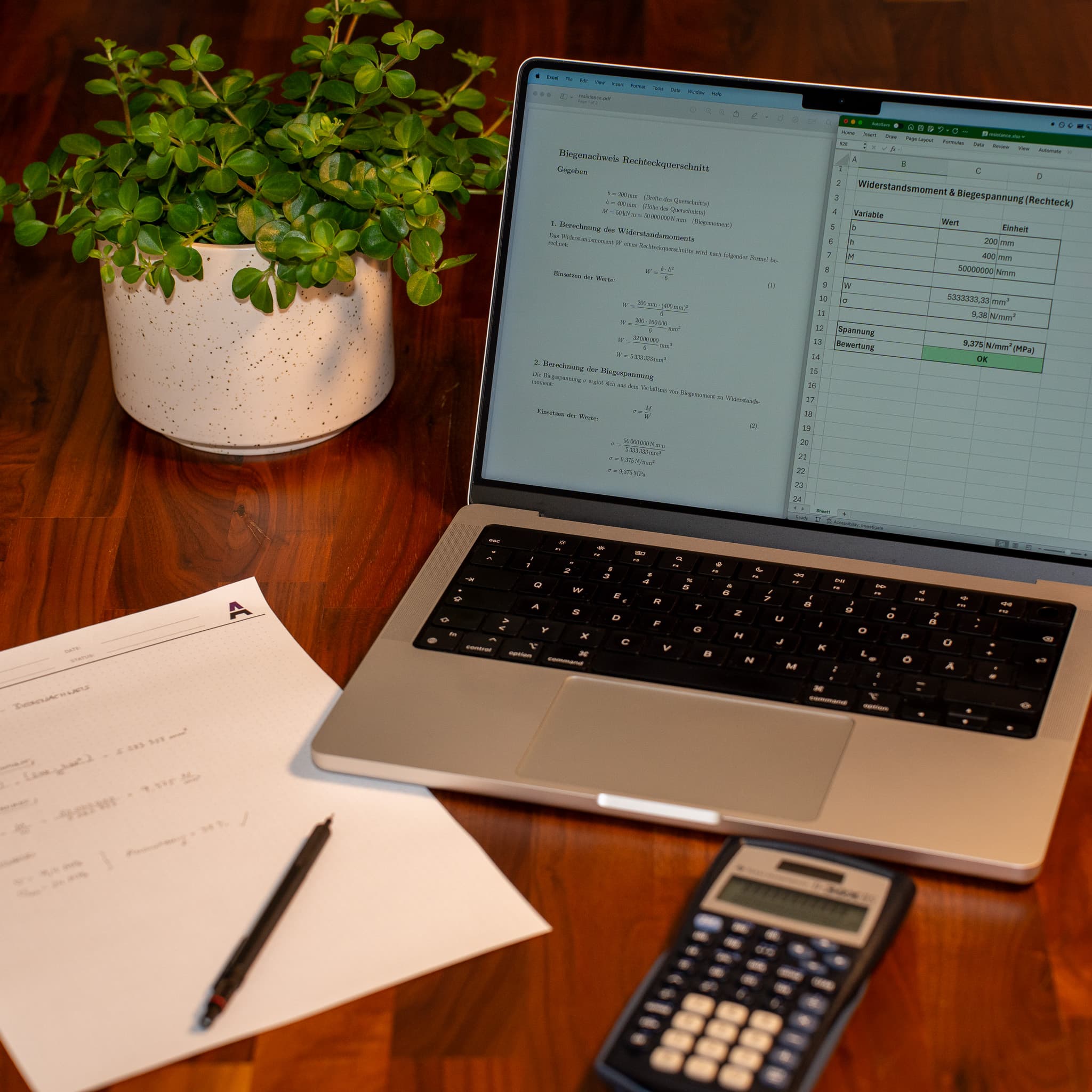 Image of a sheet with a math formula about a beam calculation. Behind it is a laptop with a LaTeX formula of the same calculation open on one side, and an Excel sheet on the other side.