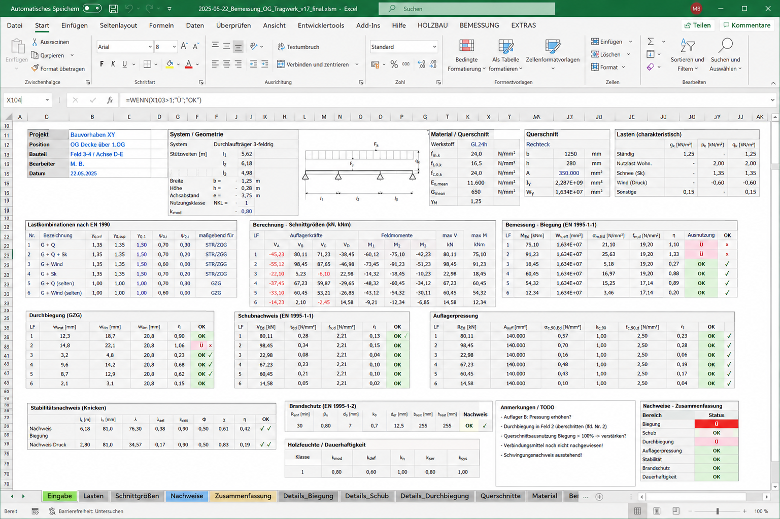 Illustrative Excel-Rekonstruktion eines komplexen Bemessungsworkflows